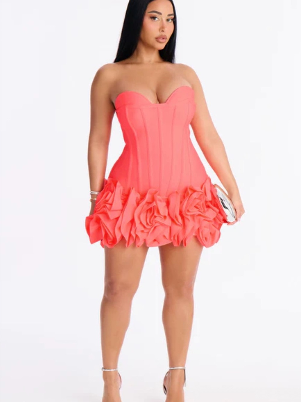 Fashion Nova Strapless Coral-Pink Ruffle Mini Dress